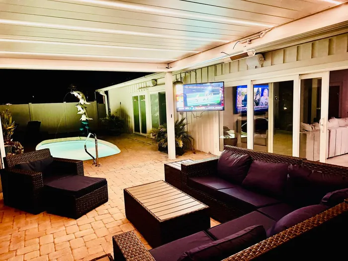 Lanai after dark at Village House